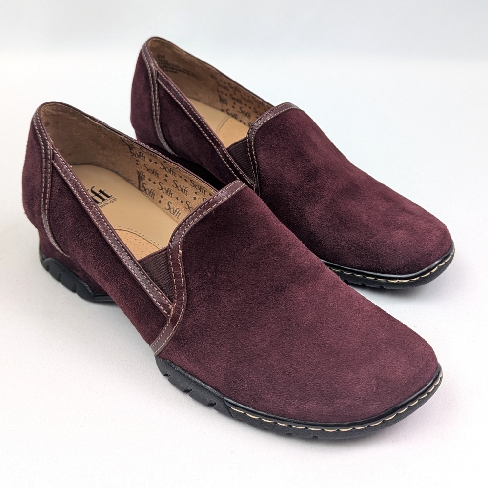 Sofft Suede Loafers Slip On Driving Shoes Wedge Heel Burgundy Wine Red size 8